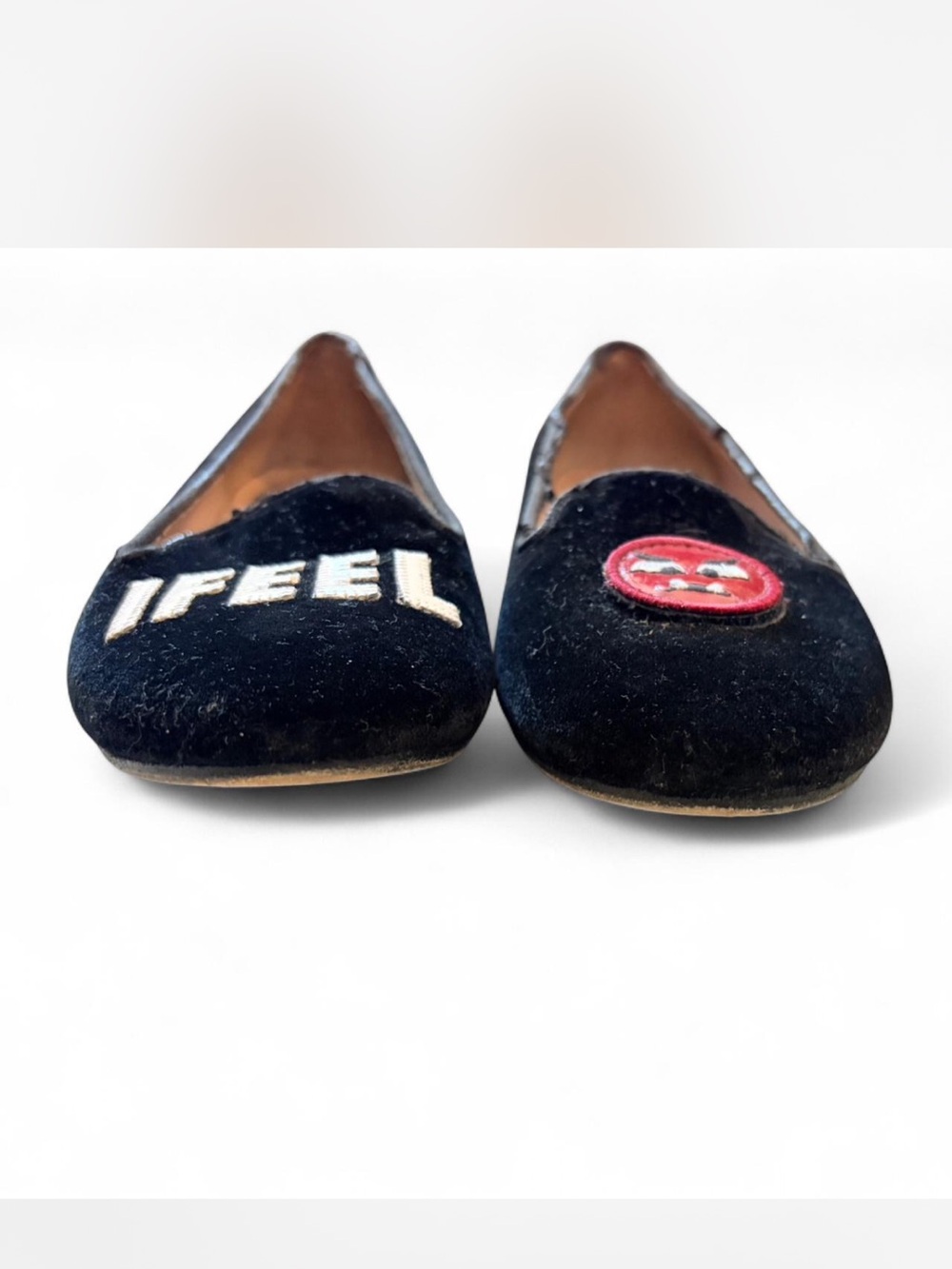 Chiara Ferragni Navy Suede Embroidered IFEEL Loafers with Red Patch - Picture 2 of 6